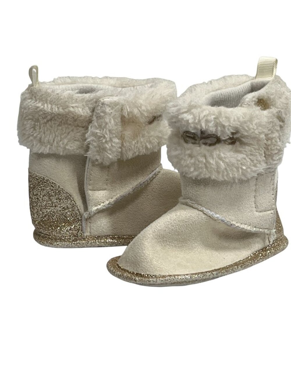 Bebe Baby Girls Boots Size 2 Cream Faux Suede Faux Fur Gold Winter Booties